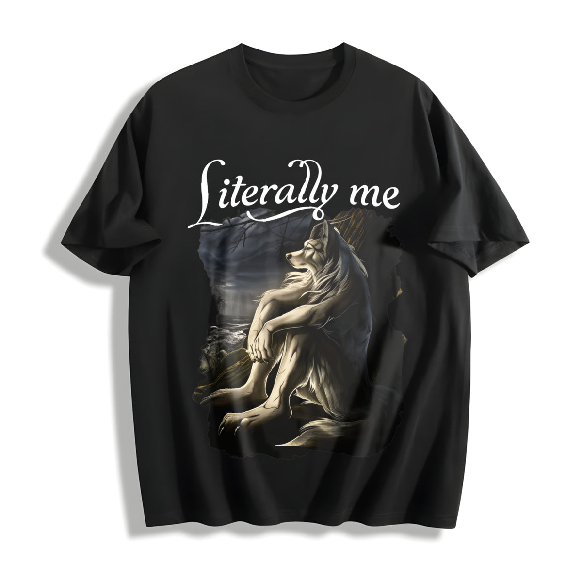 Literally Me Wolf Meme Cotton T-Shirt in Black