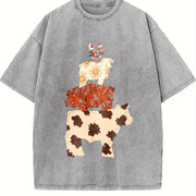 Western Cow Faux Patchwork Hen Pig Lamp Retro Country Vintage Washed T-Shirt in Gray