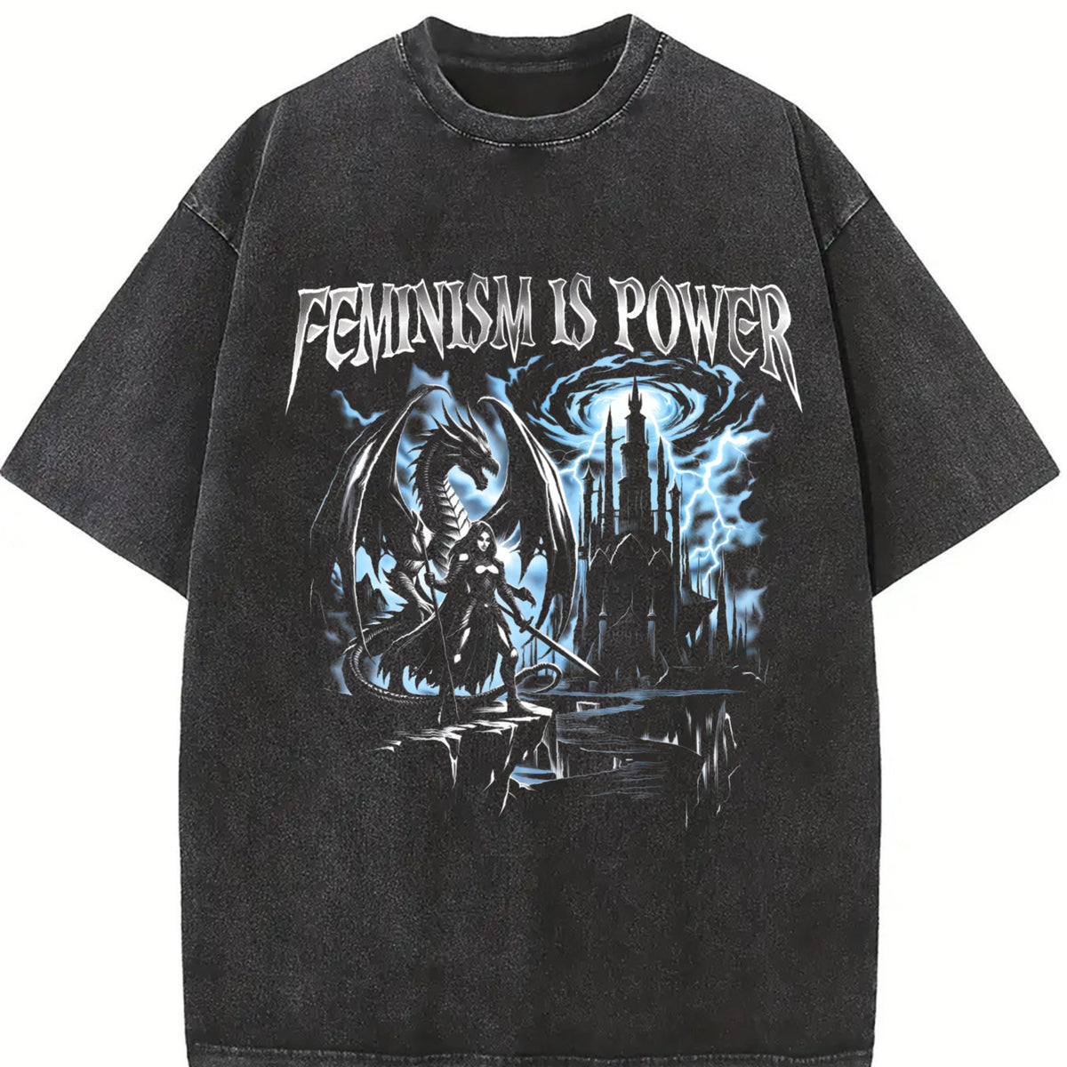 Feminism Is Power Dragon 90s Vintage Washed T-Shirt in Black