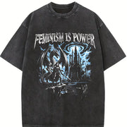 Feminism Is Power Dragon 90s Vintage Washed T-Shirt in Black