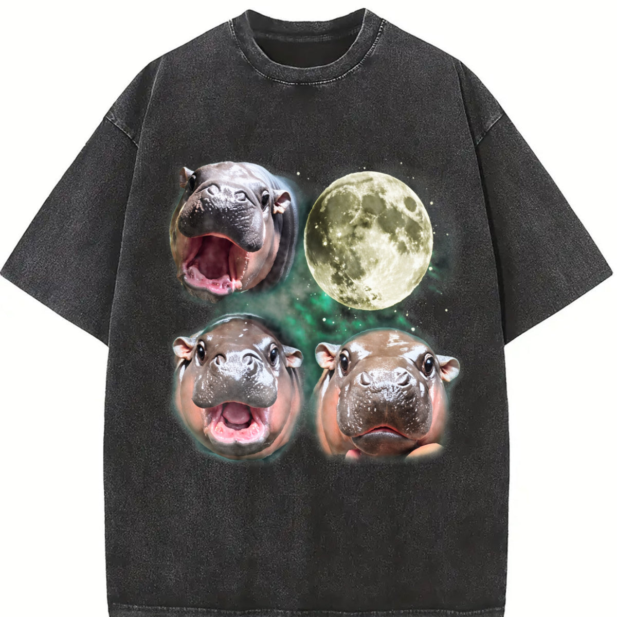 Three Moo Deng 90s Moon Vintage Washed T-Shirt in Black