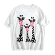 Cartoon Giraffe Cute Half Sleeve Cotton T-Shirt in White