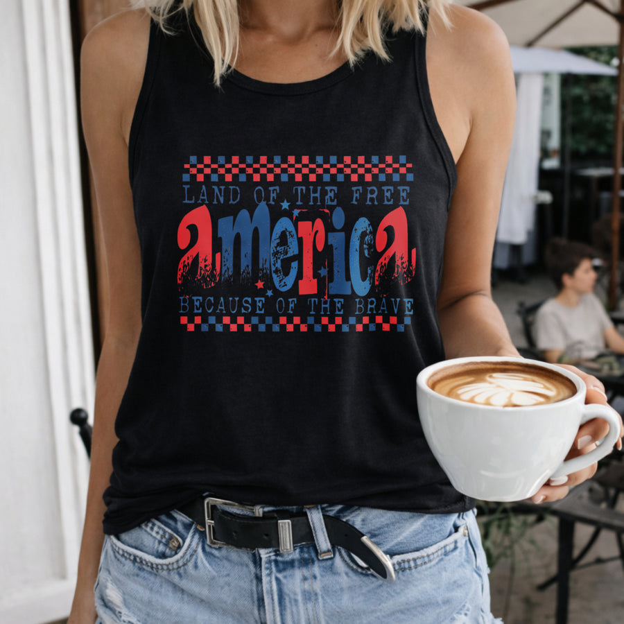Land of the Free Because of the Brave Retro Checkered Women's Color Cotton Tank Top in Black