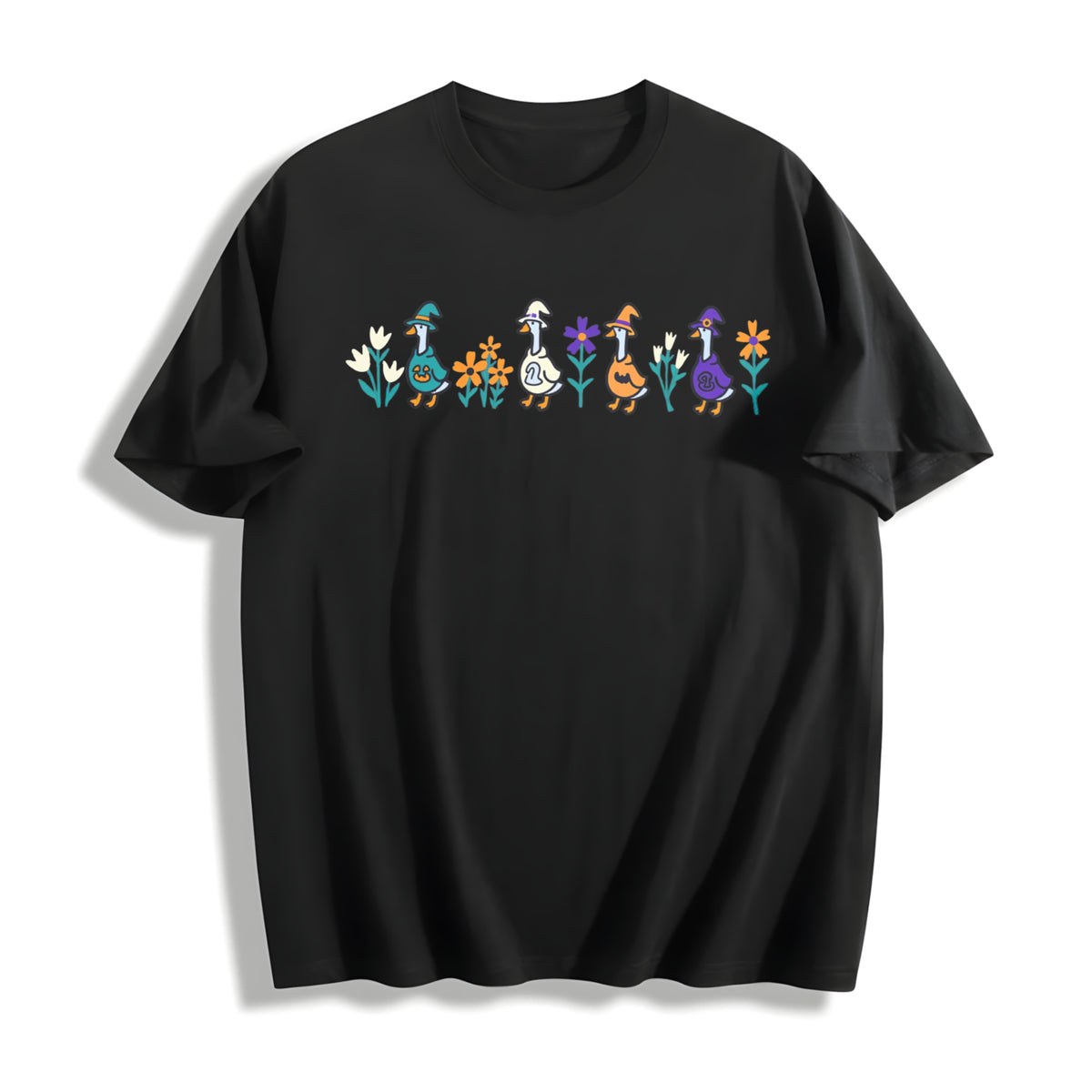 Halloween Goose Embroidered Cotton T-Shirt in Black