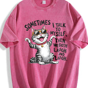 Cat Fashionable Elegant Vintage Washed T-Shirt in Red
