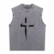With Patterned Cross Vintage Washed Tank Top in Gray