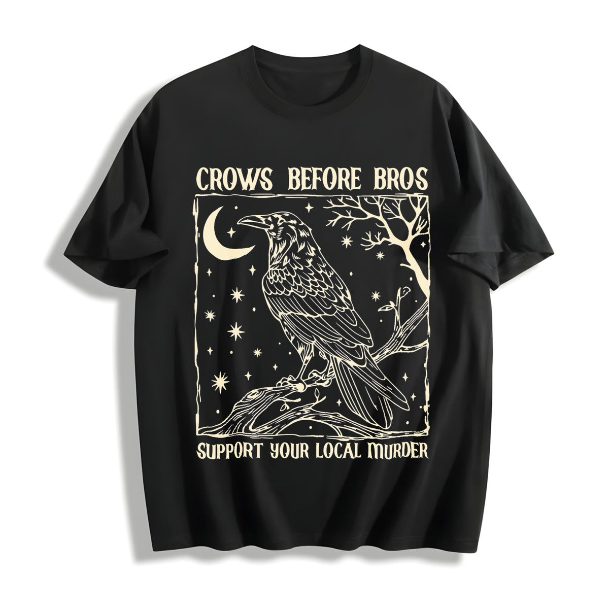 Crows Before Bros Nighttime Crow Cotton T-Shirt in Black