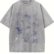 Fruits and Berries Retro 90s Tattoo Vintage Washed T-Shirt in Gray