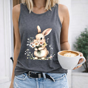 Cute Bunny Holding Flowers Crew-neck Sleeveless Vest Women's Color Cotton Tank Top in Gray