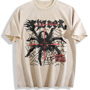 250gsm Retro Spider with Black & Red Gothic Vintage Washed T-Shirt in Beige