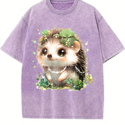 Hedgehog with Jewelry and Lucky Four-leaf Clover Vintage Washed T-Shirt in Purple