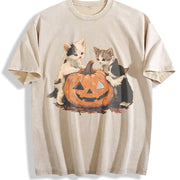 Halloween Kittens & Pumpkin vintage washed oversized T-shirt in Beige