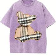Cartoon Bear & Plaid for & Parties Bear vintage washed oversized T-shirt in Purple