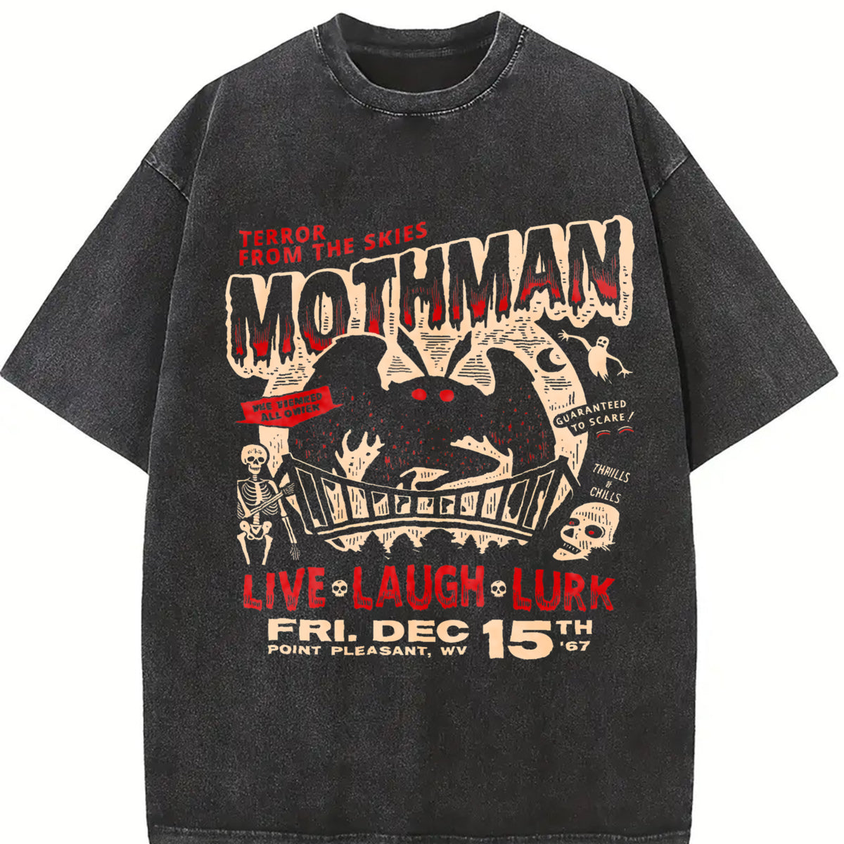 And Skin-friendly Versatile for Attire Mothman Terror Sky Vintage Washed T-Shirt in Black