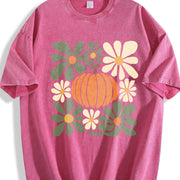 Retro Pumpkin Fall Floral Pumpkin Vintage Washed T-Shirt in Red