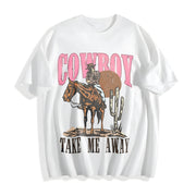 Cowboy & Letter for Spring & Fall Cotton T-Shirt in White