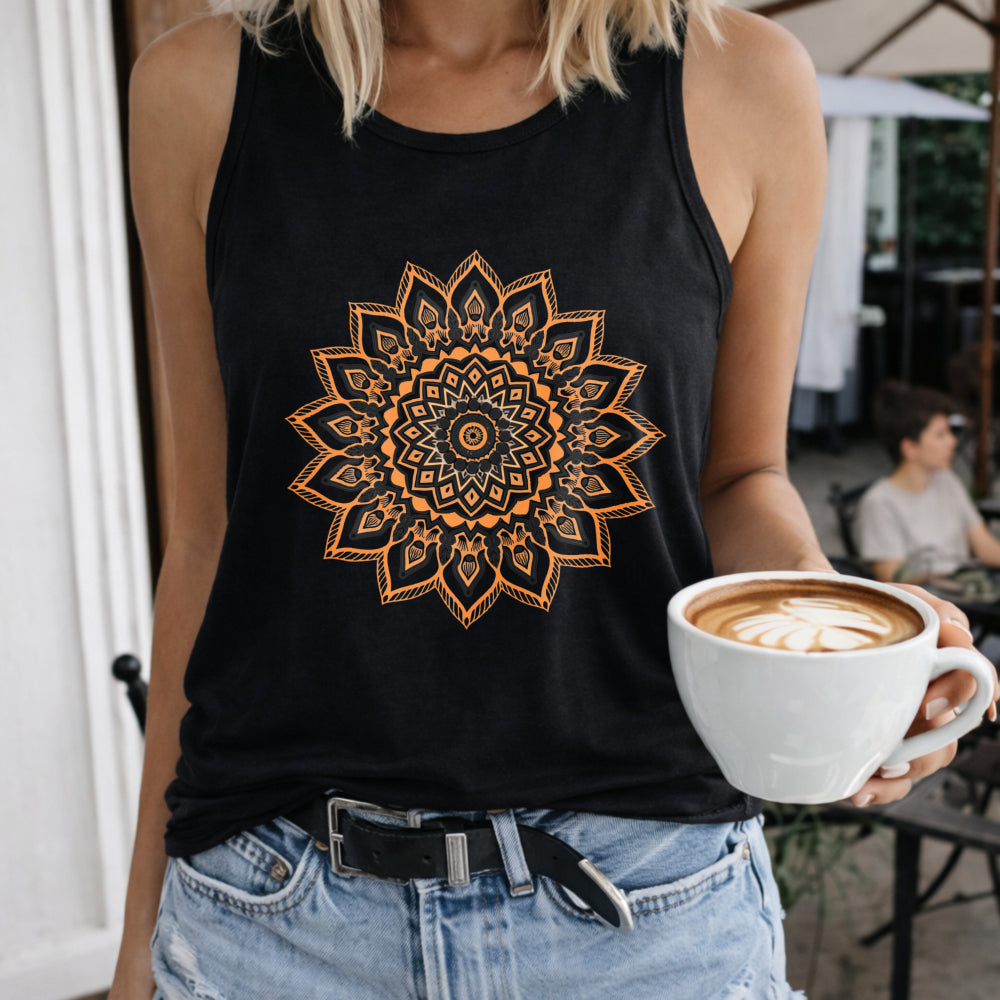 Mandala Orange Black Crew-neck Sleeveless Vest Outdoor Women's Color Cotton Tank Top in Black