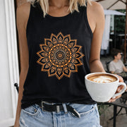 Mandala Orange Black Crew-neck Sleeveless Vest Outdoor Women's Color Cotton Tank Top in Black