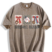 Preppy Baseball Coquette Brushstroke Game Day Baseball Vintage Washed T-Shirt in Brown