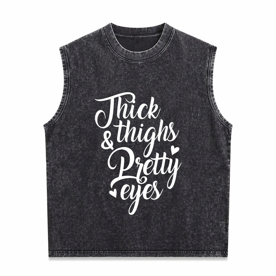 THICK Thighs & Pretty EYES Vintage Washed Tank Top in Black