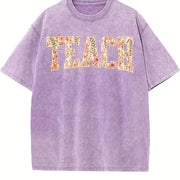 Spring Teacher Floral Teach Vintage Washed T-Shirt in Purple