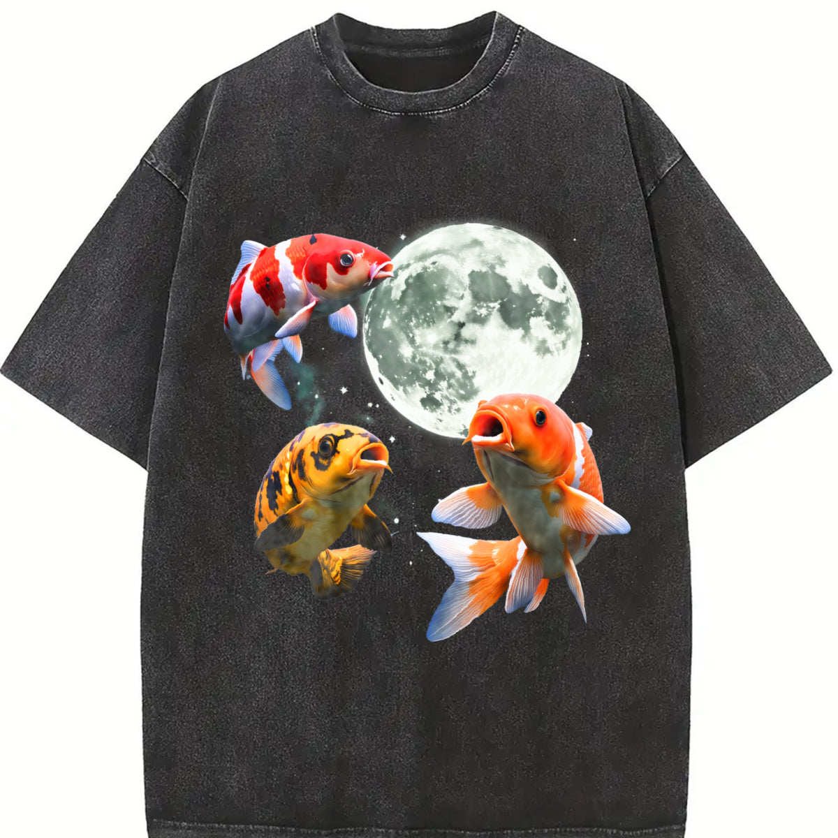Koi Fish Howling at Moon 90s Vintage Washed T-Shirt in Black
