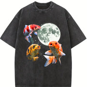 Koi Fish Howling at Moon 90s Vintage Washed T-Shirt in Black