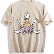 Autumn Cartoon Yoga Meditating Vintage Washed T-Shirt in Beige