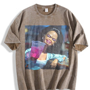 Laughing Glam Doll with a Drink Vintage Washed T-Shirt in Brown