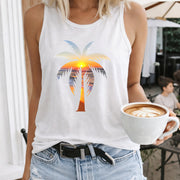 Sunset Palm Tree Women's Color Cotton Tank Top in White