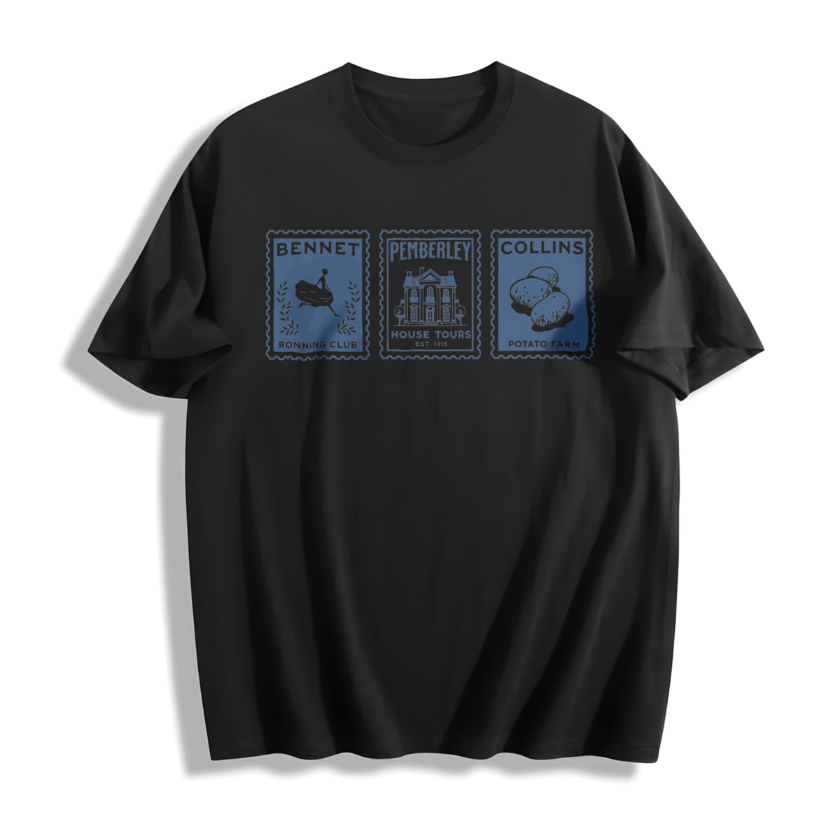 Jane Austen Pride and Prejudice Postage Stamp Bookish Book Cotton T-Shirt in Black