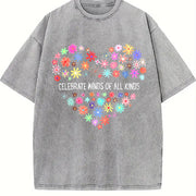 Celebrate Minds of All Kinds Floral Heart Vintage Washed T-Shirt in Gray