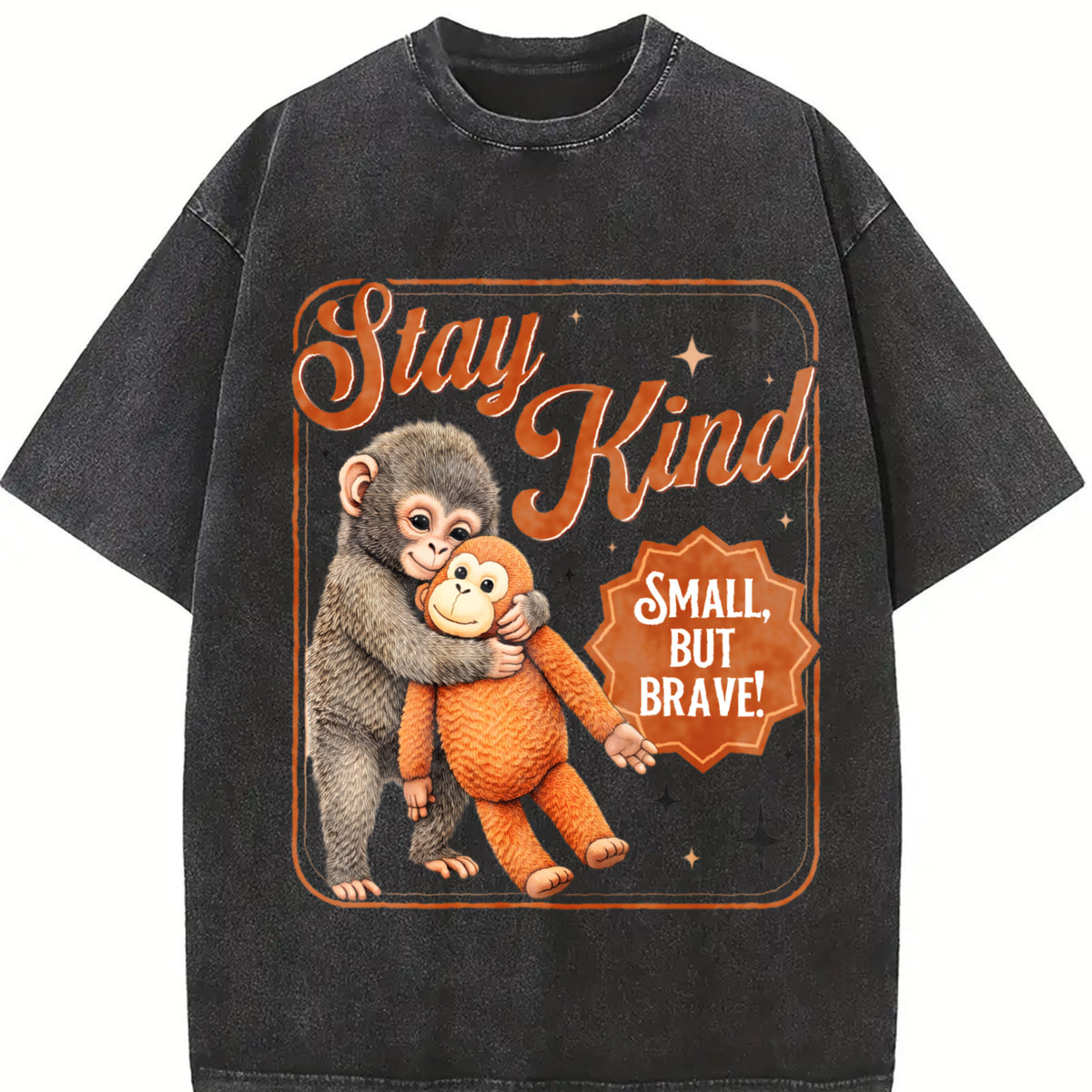 Stay Kind Small but Brave Monkey Vintage Washed T-Shirt in Black