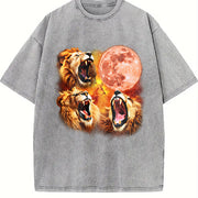 Three Lions Retro Lion Moon Vintage Washed T-Shirt in Gray