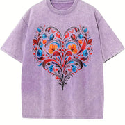 Bohemian Folk Art Heart & Leaf Vintage Washed T-Shirt in Purple