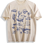 Tattoo Sea Animals 90s Vintage Washed T-Shirt in Beige