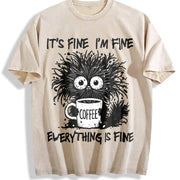 Animal Letter Furry Cat Coffee Vintage Washed T-Shirt in Beige