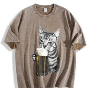 Cat Beer Y2k 90s Cats Meme ® Vintage Washed T-Shirt in Brown
