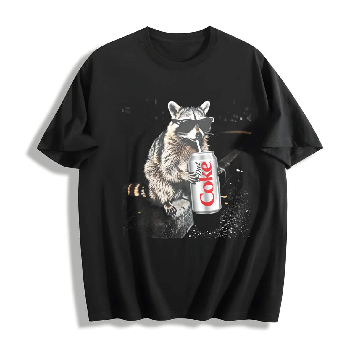 Raccoon Drinking Soda Animal Meme Cotton T-Shirt in Black