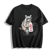 Raccoon Drinking Soda Animal Meme Cotton T-Shirt in Black
