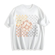 Smiling Flower Checkered Retro Cotton T-Shirt in White