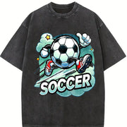 Cartoon Soccer Ball Vintage Washed T-Shirt in Black