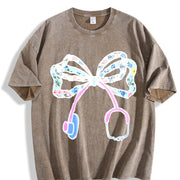 Batik Christmas Floral Bow Vintage Washed T-Shirt in Brown