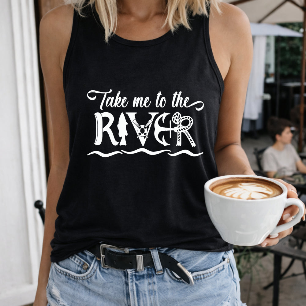 Take Me to the River Crew-neck Sleeveless Vest Outdoor Women's Color Cotton Tank Top in Black