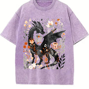 Fantasy Black Dragon Gentle Floral Vintage Washed T-Shirt in Purple
