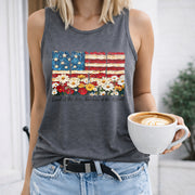 Patriotic Floral American Flag Women's Color Cotton Tank Top in Gray
