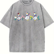 Embroidered Patriot Floral Goose Vintage Washed T-Shirt in Gray