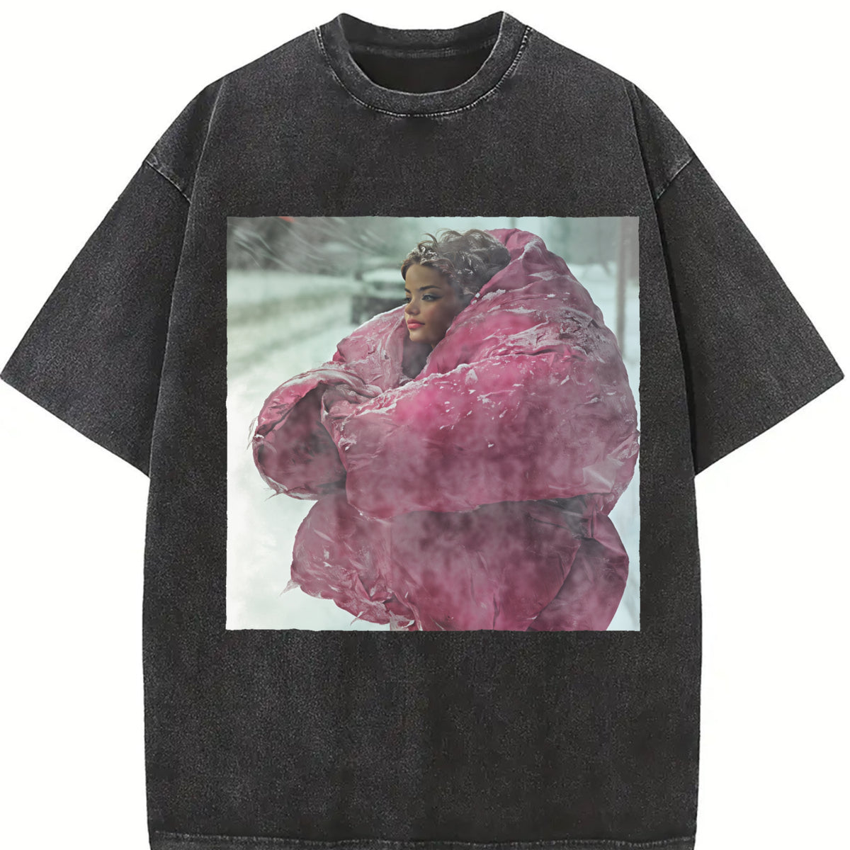 Woman in a Pink Coat in the Snow Vintage Washed T-Shirt in Black
