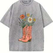 Cowgirl Boots Wildflowers Retro Western Country Girl vintage washed oversized T-shirt in Gray