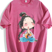 Retro Thick Blouse-compatible Vintage Washed T-Shirt in Red